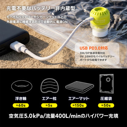 Qunature 超軽量エアーポンプ 29g 電動空気入れ USB-C給電